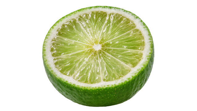 Juicy green lime half with visible segments and rind, isolated on transparent background