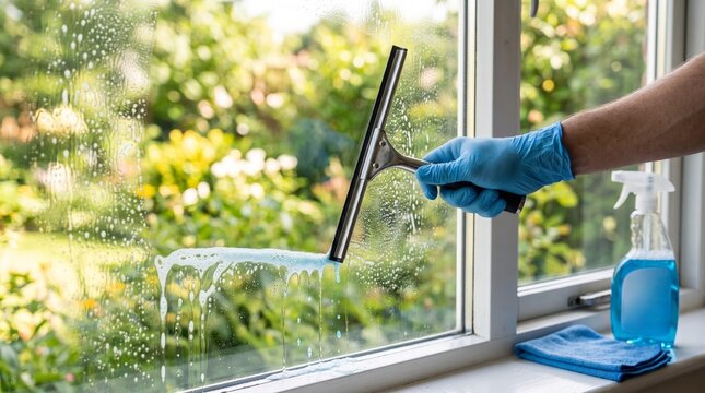 Gloved hand using metal squeegee to clean soapy glass window in bright sunlit home for professional domestic maintenance service or spring cleaning advertisement.