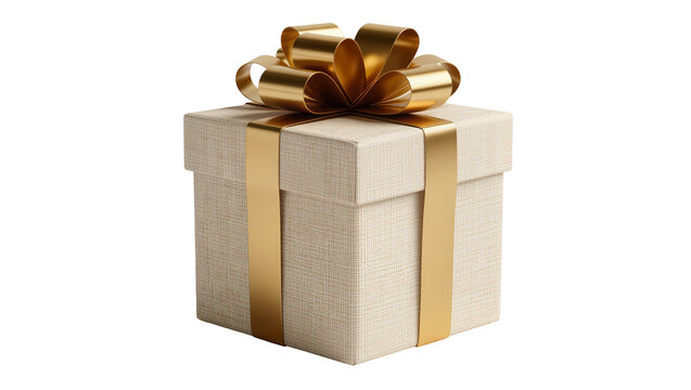 Textured beige gift box with golden ribbon and bow, isolated on transparent background