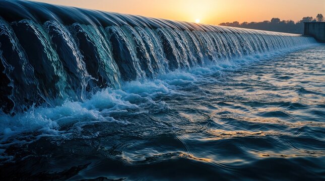Clean water flows from large dam during golden hour sunset. Wide concrete weir releases river stream into lower basin. Massive liquid cascade creates white foam, waves. Industrial water management