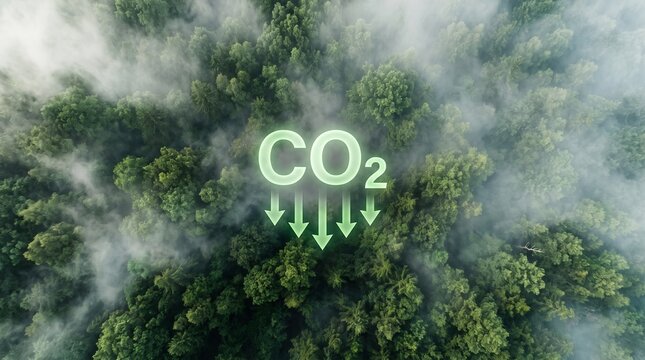 Aerial view of carbon dioxide text over dense green forest with downward pointing arrows symbolizing carbon sequestration and environmental climate change action.