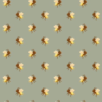 Seamless pattern with glowing fireflies on muted green background. Cute summer woodland insect print