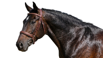 Dark bay horse head with brown leather bridle, isolated on transparent background © Maria