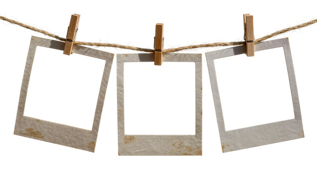 Three vintage instant photo frames hanging on a twine with clothespins, isolated on transparent background