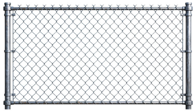 Galvanized metal chain link fence with steel posts, isolated on transparent background