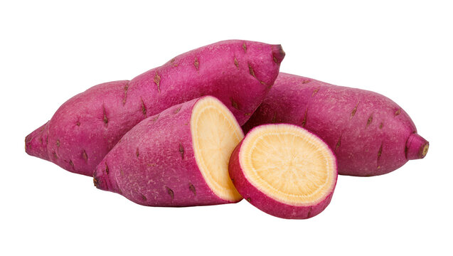 Group of purple sweet potatoes one cut in half, isolated on transparent background