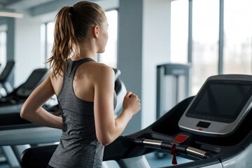 Fototapeta premium Woman runs on treadmill in bright modern gym. Athletic girl trains cardio workout, toned body visible from back. Fitness, health, active lifestyle pursuit.