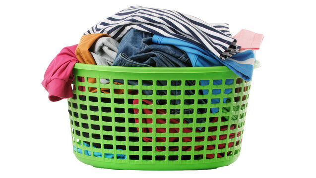 Full green plastic laundry basket overflowing with colorful clothes, isolated on transparent background