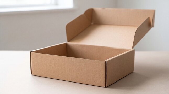 Open cardboard shipping box on a table. Empty packaging container for delivery, ecommerce, storage, recycling, and product presentation with copy space.