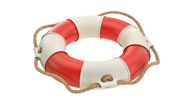 Red and white life preserver ring with rope, isolated on transparent background