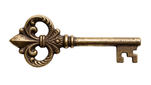 Antique ornate brass skeleton key with fleur-de-lis bow, isolated on transparent background