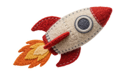 Handmade felt rocket ship with red fins and flame exhaust, isolated on transparent background