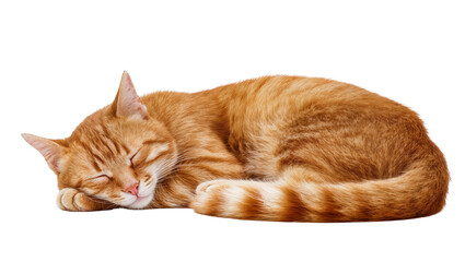 Orange tabby cat curled up sleeping peacefully, isolated on transparent background © Maria
