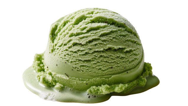 Green matcha ice cream scoop with melted drips, isolated on transparent background