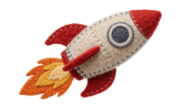 Handmade felt rocket ship with red fins and flame exhaust, isolated on transparent background