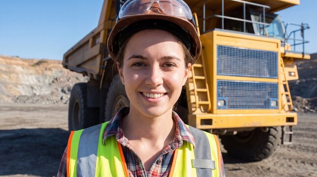 Smiling woman miner in hard hat and safety vest standing in open pit quarry with large yellow dump truck behind. Women in mining industry and equal employment opportunity concept