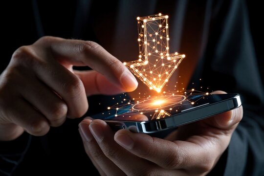 Person uses smartphone with glowing download arrow hologram. Digital data transfer, cloud storage, system update concept. Futuristic tech interface on mobile.