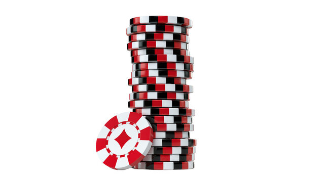 Stack of red black and white casino chips with diamond symbol, isolated on transparent background