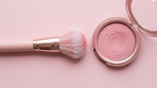 Cosmetic Powder Blush Makeup Tool and Soft Applicator Brush on Pastel Pink Surface blush makeup brush powder pink beauty cosmetics background glamour applicator pastel care facial skin face feminine