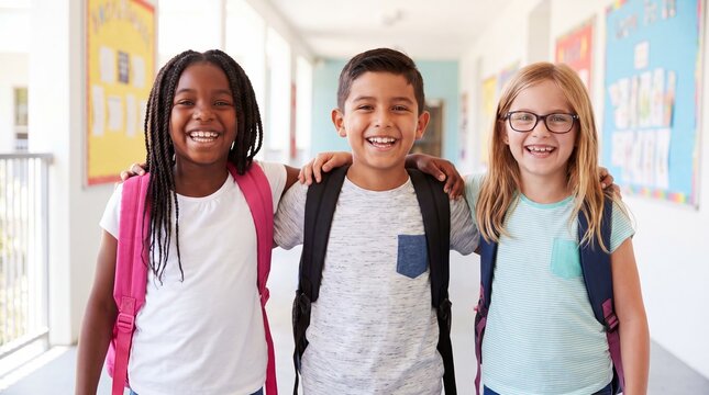 Three happy elementary school children with backpacks standing together in a bright hallway, friendship, diversity, education and joyful return to school concept