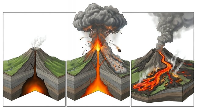 Volcanic Eruption Process Displaying Multiple Stages with Erupting Volcano Discharging Magma Flow Fire Clouds of Dense Smoke Ash and Toxic Gases volcano eruption magma lava fire smoke ash gas