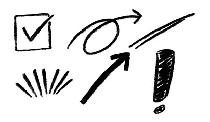 Hand-drawn Doodle Elements: A collection of simple, hand-drawn sketch elements including a checkmark in a box, arrows, radiating lines, and an exclamation mark. © Anoop