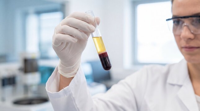 Woman scientist examining blood sample in test tube. Laboratory research, medical diagnostics, hematology analysis, healthcare science and clinical testing concept.