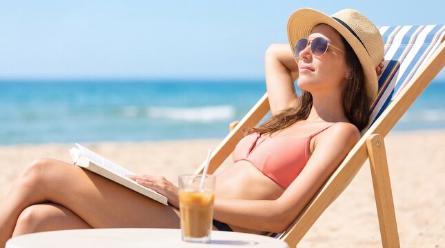 Woman relaxing in a deck chair with a book and iced drink on a sunny beach. Summer vacation, leisure, travel, wellness, and seaside holiday concept with copy space.