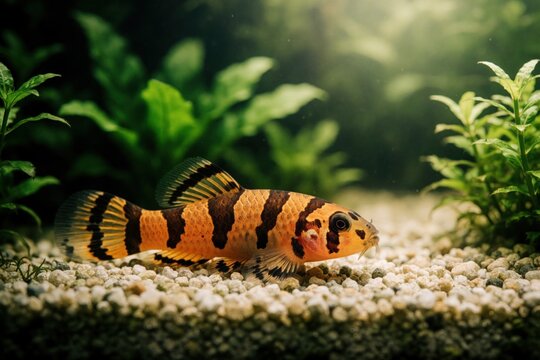 Striped kuhli loach in aquarium. Tropical fish on gravel bed with aquatic plants. Oriented right, partly buried in substrate. Freshwater species in home aquarium.