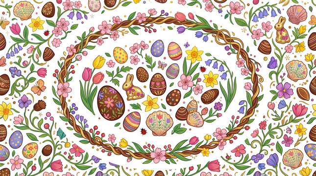 Vibrant Floral and Sweet Cocoa Oval Border Decorative Vernal Celebration Composition Featuring Patterned Shells and Blossoming Elements Perfect for Seasonal Wrapping and Greeting Card Layouts easter