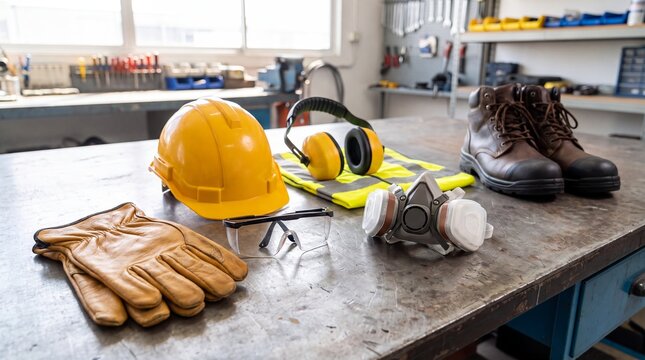 Workplace safety equipment arranged on a workshop table. Protective helmet, gloves, boots, goggles, respirator, hearing protection, and reflective vest for industrial construction and hazard