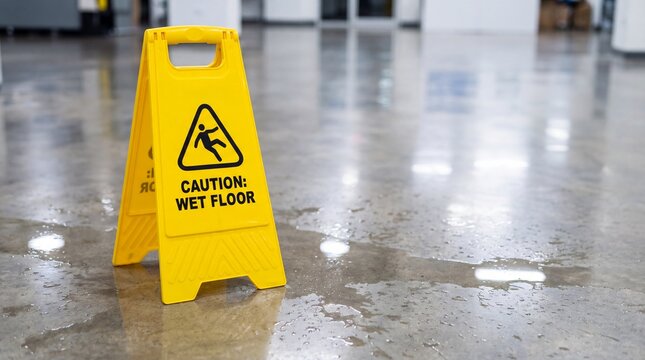 Yellow caution wet floor sign on wet polished concrete floor in indoor hallway. Safety warning and slip hazard prevention concept. Cleaning maintenance and accident protection