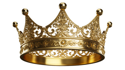 Ornate golden royal crown with intricate filigree patterns, isolated on transparent background © Maria