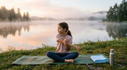 Fototapeta premium Young girl practicing yoga by a serene lake at sunrise with mist on the water.