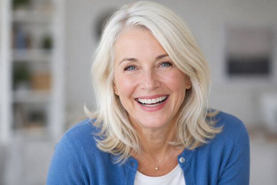 Elegant, age, beauty., Head, shot, portrait, smiling, face, attractive, mid, aged, lady, anti, aging, cosmetics, user., Happy, mature, satisfied, client, of, dental, clinic, look, at, camera, with