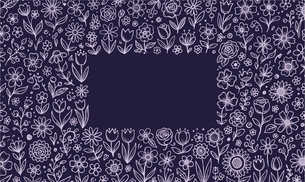 Cute and fun kawaii flower frame rectangular border with botanical doodle elements vector illustration