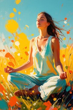 Woman meditates outdoors in vibrant sunlit field with abstract colorful flowers. She sits in lotus pose finding inner peace and serenity amid nature with eyes closed.