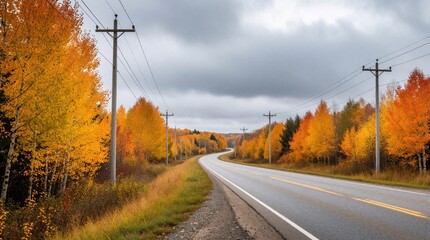 Naklejka premium Winding asphalt road through rural landscape with vibrant autumn trees. Yellow, orange fall foliage line countryside way under overcast sky. Electric poles, power lines run along scenic route.