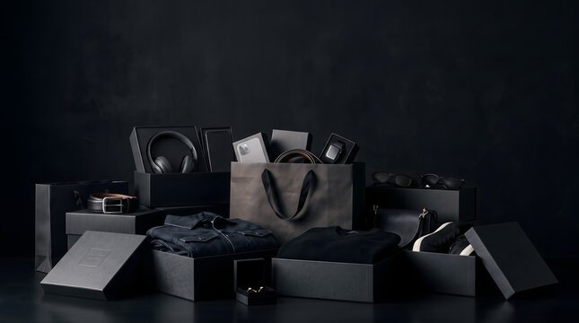 Assorted luxury black gift boxes and shopping bags arranged on a dark background surface with luxury packaging black presents gift collect
