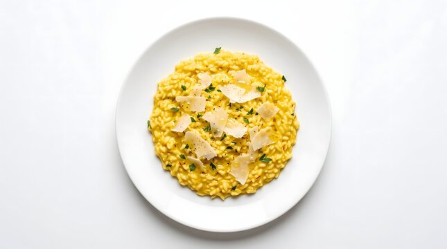 Creamy yellow saffron risotto garnished with shaved parmesan cheese on a white plate yellow rice dish italian food cheesy rice