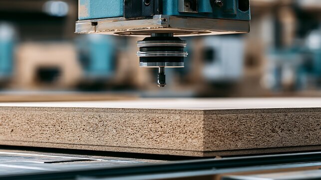 Industrial CNC milling machine cutting particle board in a bright workshop. Ideal for manufacturing and carpentry design backgrounds.