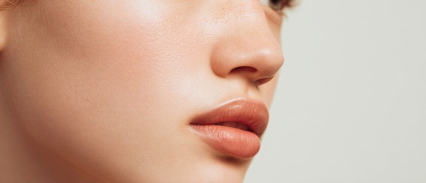 Close-up side profile of lips and smooth facial skin