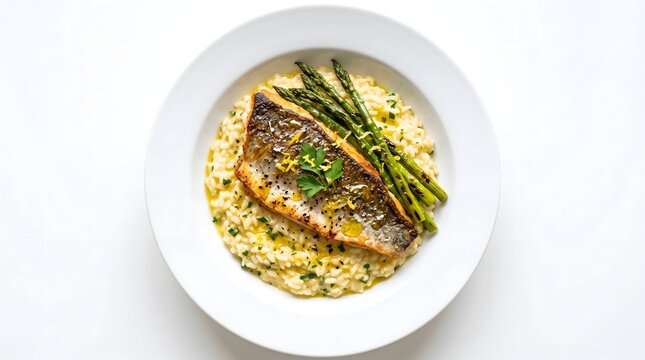 Crispy pan seared fish fillet served over creamy risotto and roasted asparagus on white plate with seafood dish dinner plate fine dining
