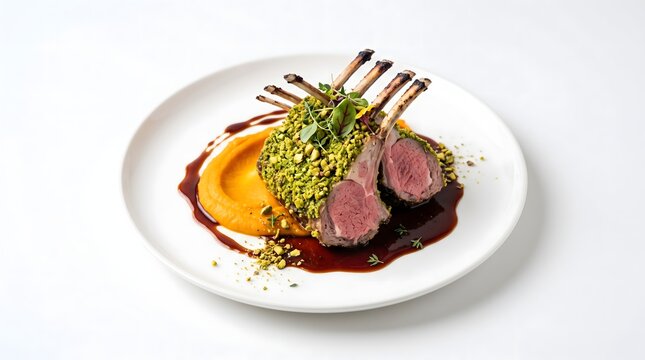 Rack of lamb chops crusted with pistachios served on a white plate with sauce and vegetable puree pistachio crust fine dining meat dish