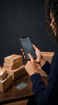 Woman using smartphone to check orders while packing boxes at home table for shipping with shipping packages online store small business