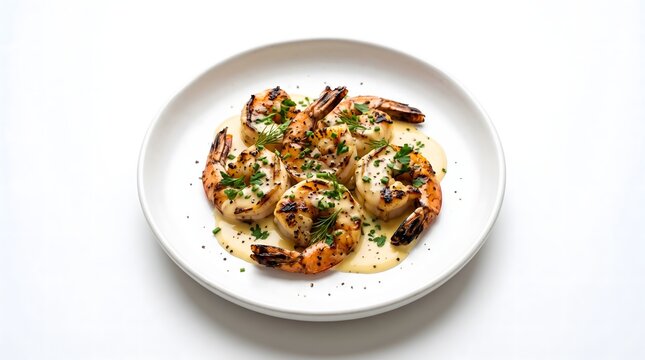 Grilled shrimp scampi with garlic butter sauce and fresh herbs served on white plate seafood dish cooked prawns dinner plate plated meal