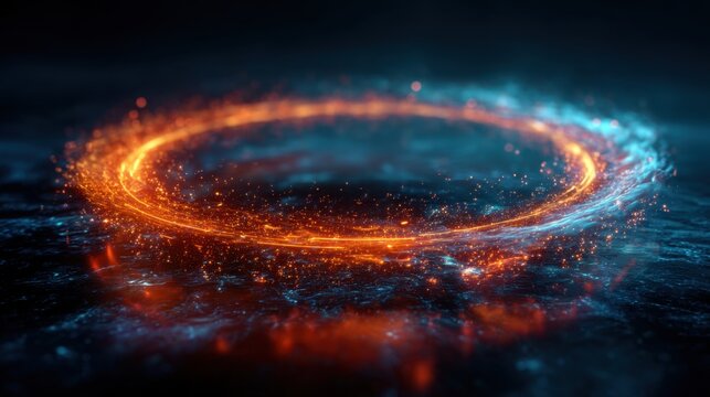 Vibrant glowing ring of fiery orange sparks floating above a reflective dark surface with contrasting cool blue lighting creating a dynamic futuristic effect