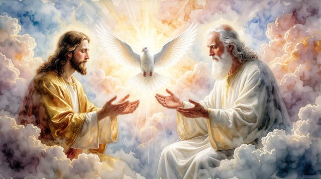 Father Son and Holy Spirit represented by dove in clouds. Jesus and God with white bird divine light descends. Religious holy trinity watercolor art.