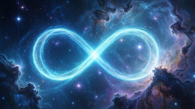 Glowing blue infinity symbol floats in deep space. Luminous loop shines amid cosmic nebula, bright stars. Abstract energy sign represents eternity, spiritual balance, mindfulness. Celestial galaxy