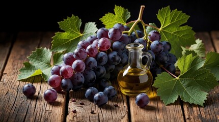 Fototapeta premium Dark purple grapes with leaves and seeds sit on wood. A small glass jug of oil rests beside the fruit. Fresh produce for healthy eating, wine, and cooking.
